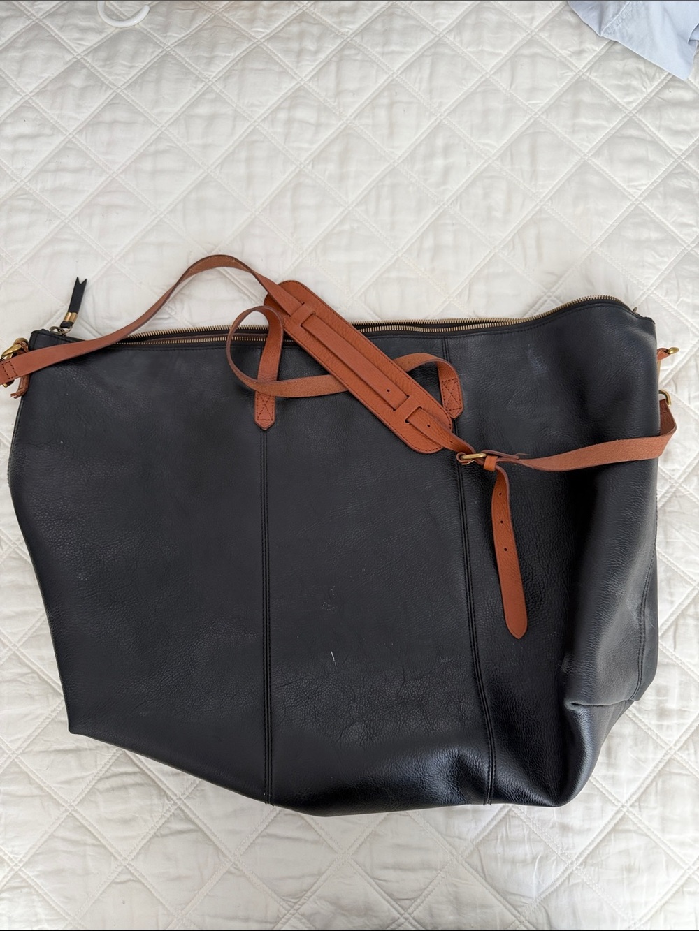 Madewell Black Leather Duffle Bag with Brown Strap